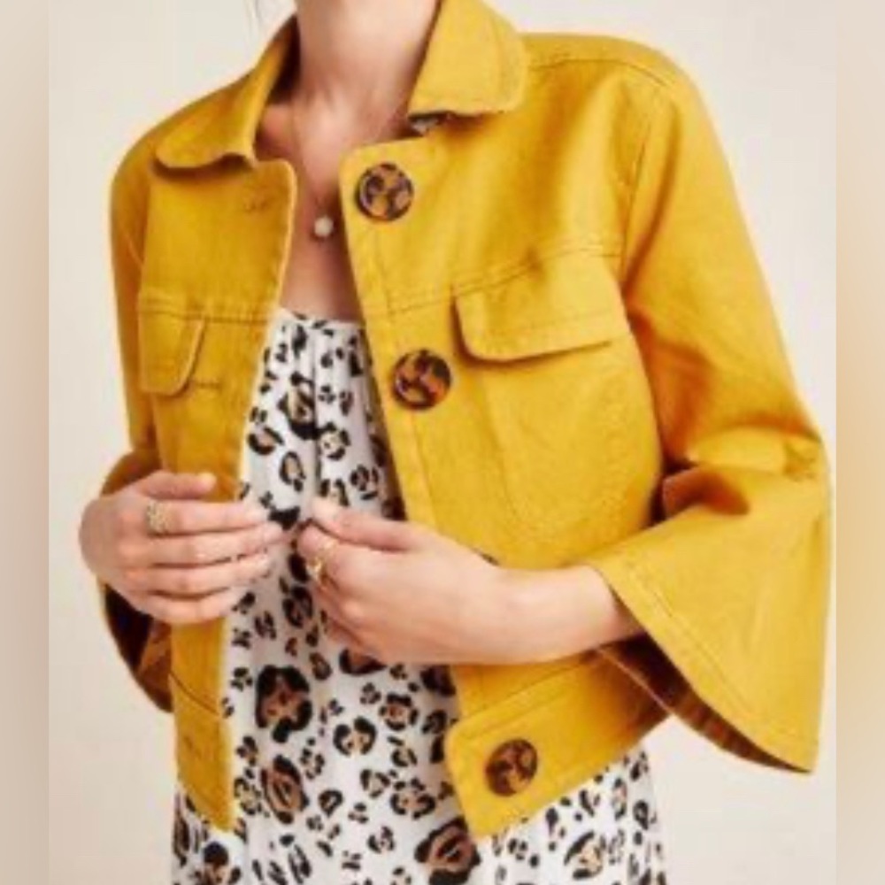 Anthropologie Mustard Yellow Bell Sleeve Cropped Jacket - Picture 2 of 14